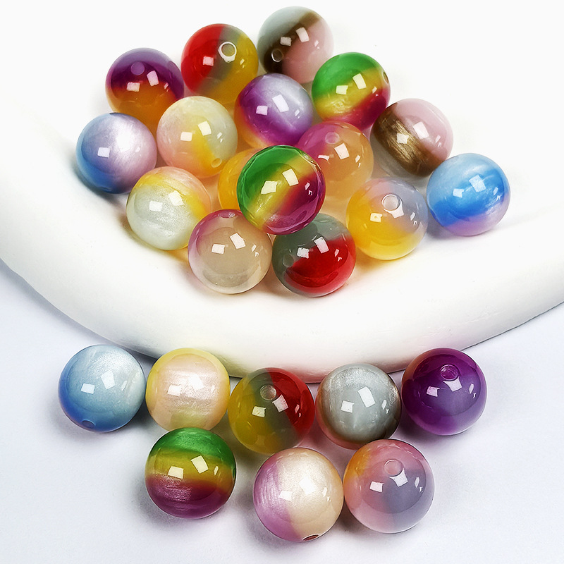 Oil-Paint Marbled Cat-Eye Tri-Color Round Resin Beads