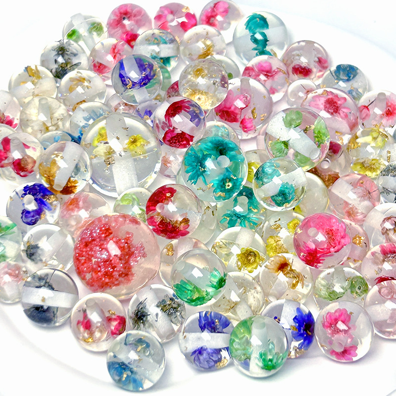 Gold-Foil Dried-Flower Transparent Round Resin Beads