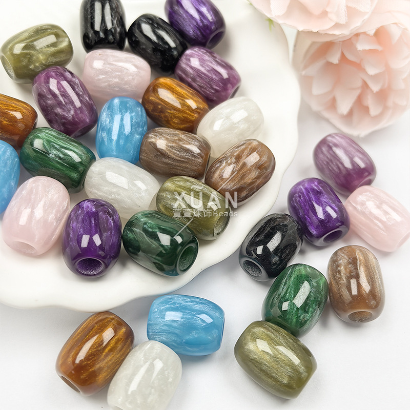 Marbled Stone-Look Barrel-Shaped Resin Beads