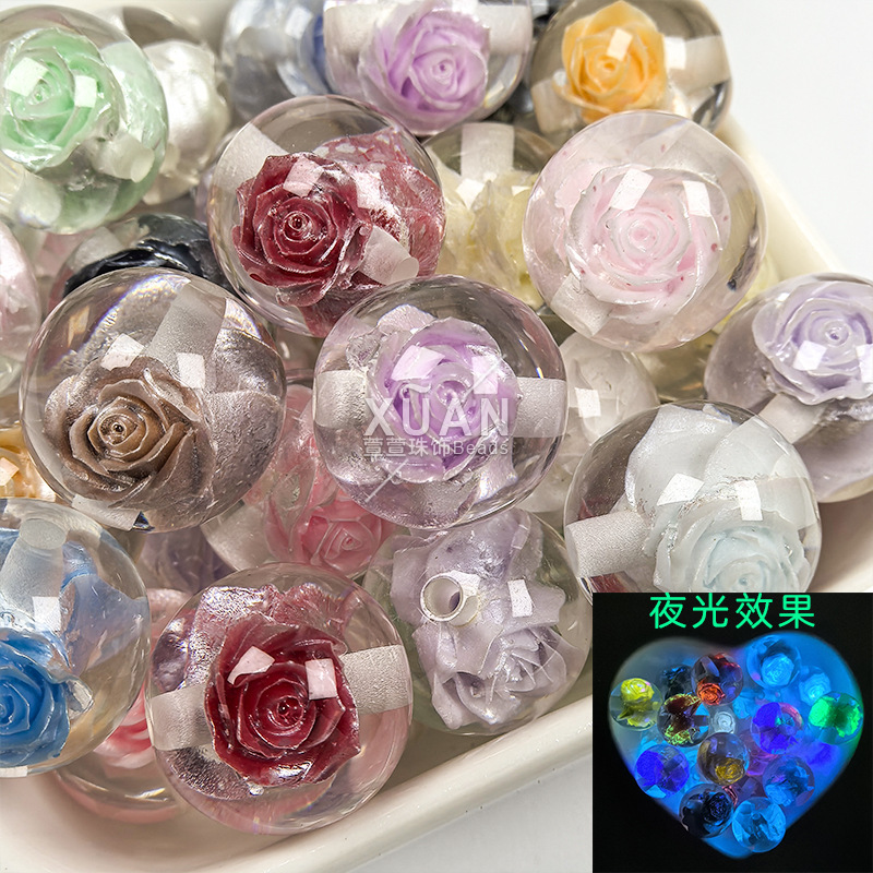 Glow-in-the-Dark Transparent Rose-Flower-Shaped Resin Beads